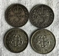 FOUR 'SILVER THREEPENCE' 3D. 1914 1917 2X 1940. WW1 AND WW2.