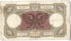 ITALY/ALBANIA/BANKNOTE, WW2 OCC 20FR, CIRC, CORNER PINHOLES, VERY SCARCE (G24)