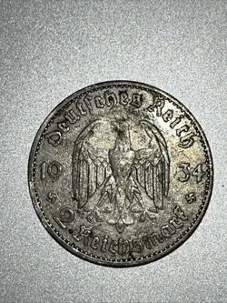 GERMAN 2 MARK REICHSMARK 1934 POTSDAM CHURCH SWASTIKA SILVER COIN WW2