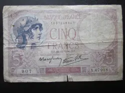 1940 FRANCE 5 FRANCS BANKNOTE WW2 WWII BANQUE DE FRANCE CINQ FRANCS WAR NOTE