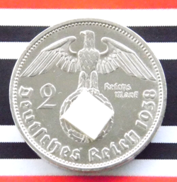 GERMAN 2 REICHSMARK 1938 A SWASTIKA HINDENBURG SILVER COIN 3RD WW2 MARK + UNC PL