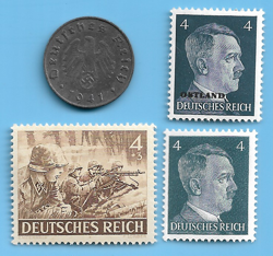 GERMANY WW2 1941 E 10 RPF SWASTIKA COIN & HITLER SWASTIKA STAMP LOT WW2 ERA #52