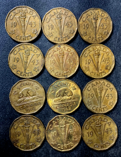 OLD CANADA COIN LOT - TOMBAC WW2 TYPE - 12 EXCELLENT COINS - LOT #J18