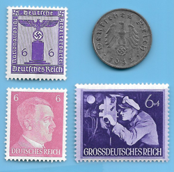 GERMANY WW2 1942 F 10 RPF SWASTIKA COIN & HITLER SWASTIKA STAMP LOT WW2 ERA #60