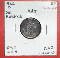 1944D GERMANY THIRD REICH SWASTIKA WORLD WAR 2! SWASTIKA! 5 PFENNIG! OLD COIN!