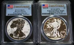 2013-WW 2 COIN WEST POINT MINT SILVER EAGLE SET PCGS PR70 AND SP70 FIRST STRIKE