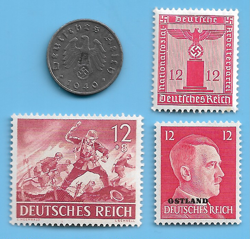 GERMANY WW2 1940 B 5 RPF SWASTIKA COIN & HITLER SWASTIKA STAMP LOT WW2 ERA #66