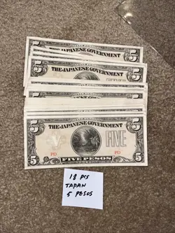 LOT OF 18 JAPANESE GOVERNMENT 5 PESOS NOTES WORLD WAR 2