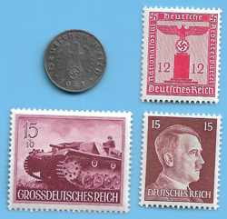 GERMANY WW2 1941 J 1 RPF SWASTIKA COIN & HITLER SWASTIKA STAMP LOT WW2 ERA #70