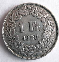 1928 SWITZERLAND FRANC - AU - PRE WW2 ERA SILVER COIN - LOT #J24