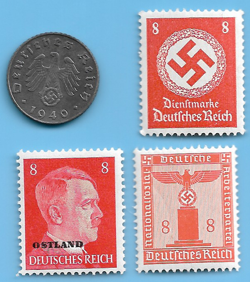 GERMANY WW2 1940 B 5 RPF SWASTIKA COIN & HITLER SWASTIKA STAMP LOT WW2 ERA #70