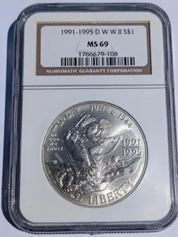 1991-1995 D DAY WW2 COMMEMORATIVE 90% SILVER DOLLAR COIN CERTIFIED NGC MS69