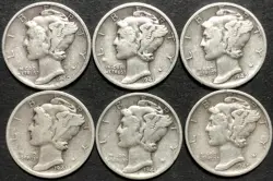 1940 S 1941-S 1942-S 1943-S 1944-S 1945S MERCURY 10 CENT SILVER DIME LOT WW2 6PC