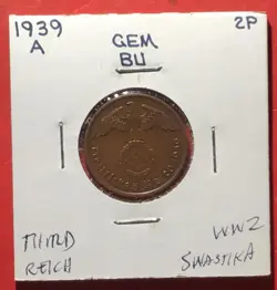 1939A GERMANY THIRD REICH SWASTIKA WORLD WAR 2! SWASTIKA! 2 PFENNIG! OLD COIN!