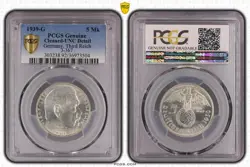 PCGS UNC 1939-G 5 MK REICHSMARK HINDENBURG J-367 THIRD REICH SILVER GERMANY WW2