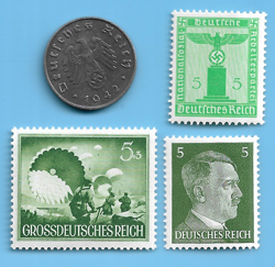 GERMANY WW2 1942 A 10 RPF SWASTIKA COIN & HITLER SWASTIKA STAMP LOT WW2 ERA #73