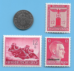 GERMANY WW2 1942 A 1 RPF SWASTIKA COIN & HITLER SWASTIKA STAMP LOT WW2 ERA #73