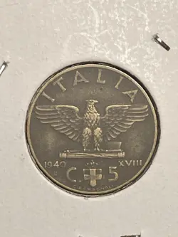 1940 ITALY 5 CENTESIMI OLD ANTIQUE WW2 ITALIAN EAGLE FOREIGN WORLD COIN