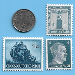GERMANY WW2 1942 G 5 RPF SWASTIKA COIN & HITLER SWASTIKA STAMP LOT WW2 ERA #75