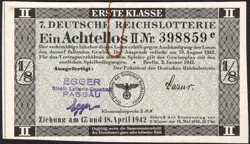 7. GERMANY 1/8 LOTTERY TICKET REICHSLOTTERIE 1942 - WW2 - SERIES: 398859 E- #F47