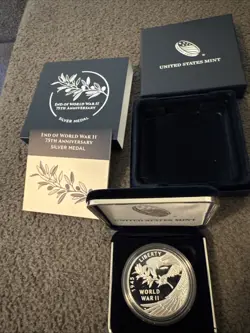 END OF WORLD WAR 2 II 75TH ANNIVERSARY SILVER MEDAL US MINT 1 TROY OZ 99.99%