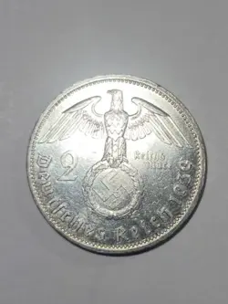 GERMAN 1939 E 2 REICHSMARK SWASTIKA HINDENBURG SILVER COIN 3RD WW2   RARE   MARK