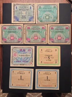 LOT OF 9 MILITARY CURRENCY NOTES GERMANY FRANCE ITALY JAPAN WW2 1943 1944 UNC
