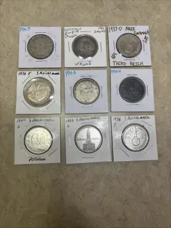 LOT OF 9  WW2 ERA GERMANY GERMAN THIRD 5 REICH SILVER 90% REICHSMARK COINS