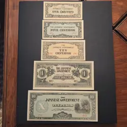 5 NOTE SET WW2 JAPAN GOVERNMENT 1 5 10 CENTAVO 1 DOLLAR 10 PESOS ALL UNC CRISPY