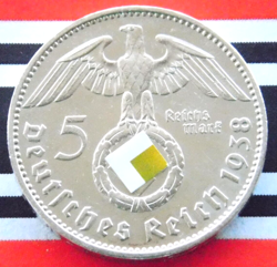 GERMAN 5 REICHSMARK 1938 J SWASTIKA HINDENBURG SILVER COIN 3RD REICH WW2 MARK BU
