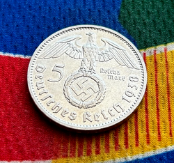 1938 F 5 MARK GERMAN WW2 SILVER COIN THIRD REICH  REICHSMARK UNC