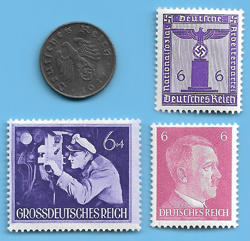 GERMANY WW2 1941 E 5 RPF SWASTIKA COIN & HITLER SWASTIKA STAMP LOT WW2 ERA #80