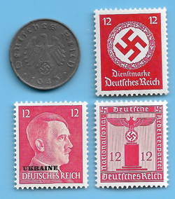 GERMANY WW2 1943 D 10 RPF SWASTIKA COIN & HITLER SWASTIKA STAMP LOT WW2 ERA #82