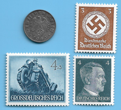 GERMANY WW2 1943 B 1 RPF SWASTIKA COIN & HITLER SWASTIKA STAMP LOT WW2 ERA #82