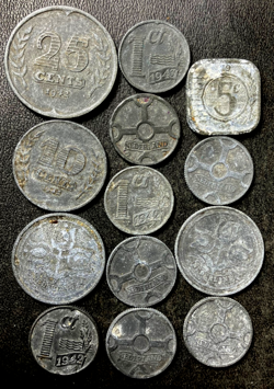 OLD NETHERLANDS COIN LOT - 13 WORLD WAR 2 OCCUPATION COINS - LOT #U2