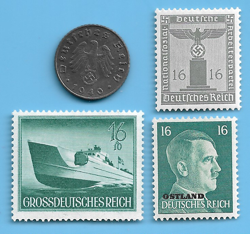 GERMANY WW2 1940 D 5 RPF SWASTIKA COIN & HITLER SWASTIKA STAMP LOT WW2 ERA #90