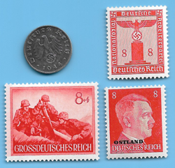 GERMANY WW2 1944 B 1 RPF SWASTIKA COIN & HITLER SWASTIKA STAMP LOT WW2 ERA #90