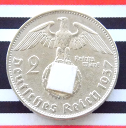 GERMAN 2 REICHSMARK 1937 D SWASTIKA HINDENBURG SILVER COIN 3RD WW2 + UNC + MARK