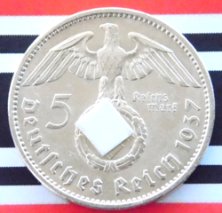 GERMAN 5 REICHSMARK 1937 A SWASTIKA HINDENBURG SILVER COIN 3RD REICH WW2 MARK BU