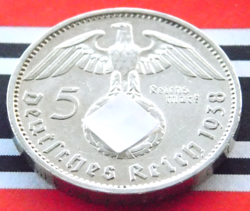 GERMAN 5 REICHSMARK 1938 A SWASTIKA HINDENBURG SILVER COIN 3RD REICH WW2 MARK BU