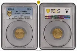 NAZI COIN - PCGS MS65 1938-J 5 PFENNIG PFG GERMANY, THIRD REICH J.363 WW2