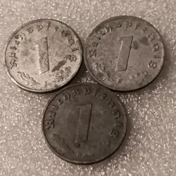 3 DAMAGED WORLD WAR 2  1 REICHSPFENNIG~ GERMANY, HAS FLAWS  , SEE PHOTOS!!