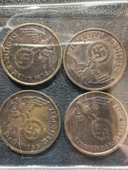 COIN LOT OF 4 THIRD REICH WW2 GERMAN 2 REICHSPFENNIG 1937, 1938