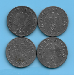 GERMAN THIRD REICH 1940 1941 1942 1943 1 RPF SWASTIKA EAGLE COIN LOT WW2 ERA #96