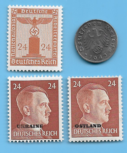 GERMANY WW2 1943 G 1 RPF SWASTIKA COIN & HITLER SWASTIKA STAMP LOT WW2 ERA #96