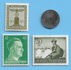 GERMANY WW2 1942 F 1 RPF SWASTIKA COIN & HITLER SWASTIKA STAMP LOT WW2 ERA #96
