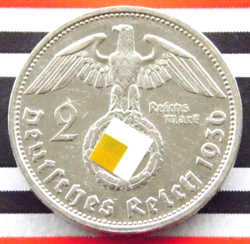 GERMAN 1936 G 2 MARK REICHSMARK SWASTIKA HINDENBURG SILVER COIN 3RD WW2 + RARE +