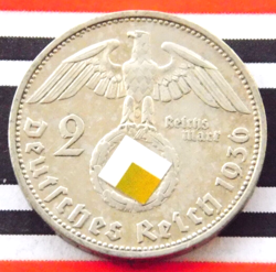 GERMAN 2 REICHSMARK 1936 G SWASTIKA HINDENBURG SILVER COIN 3RD WW2 + RARE MARK +