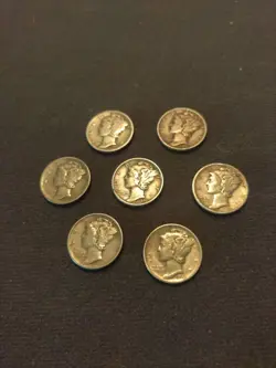 7 X USA 10 CENTS 1920 1941 1942 1943 1945 P D WW2 SILVER MERCURY HEAD DIME LOT