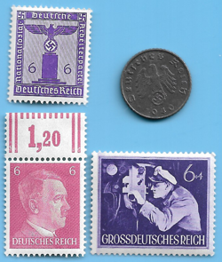 GERMANY WW2 1940 A 5 RPF SWASTIKA COIN & HITLER SWASTIKA STAMP LOT WW2 ERA #99